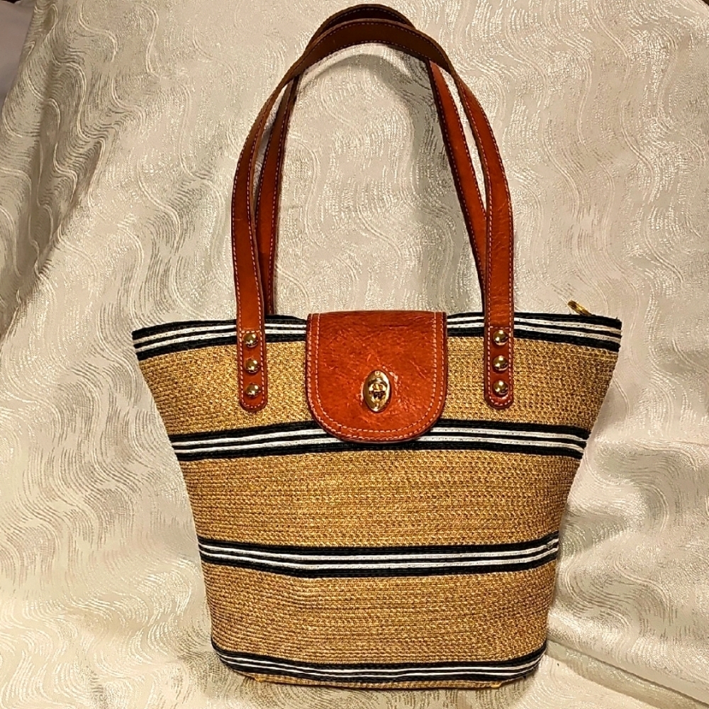 Eric Javits New York woven straw leather trim bag